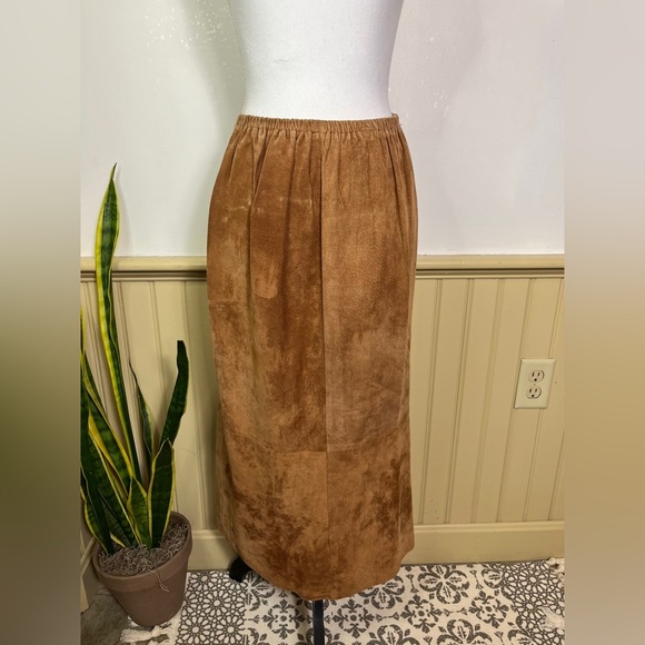 Vintage Camel Brown Suede Chic Maxi Skirt Elastic Waist Boho Casual Hippie S / M - Picture 11 of 13